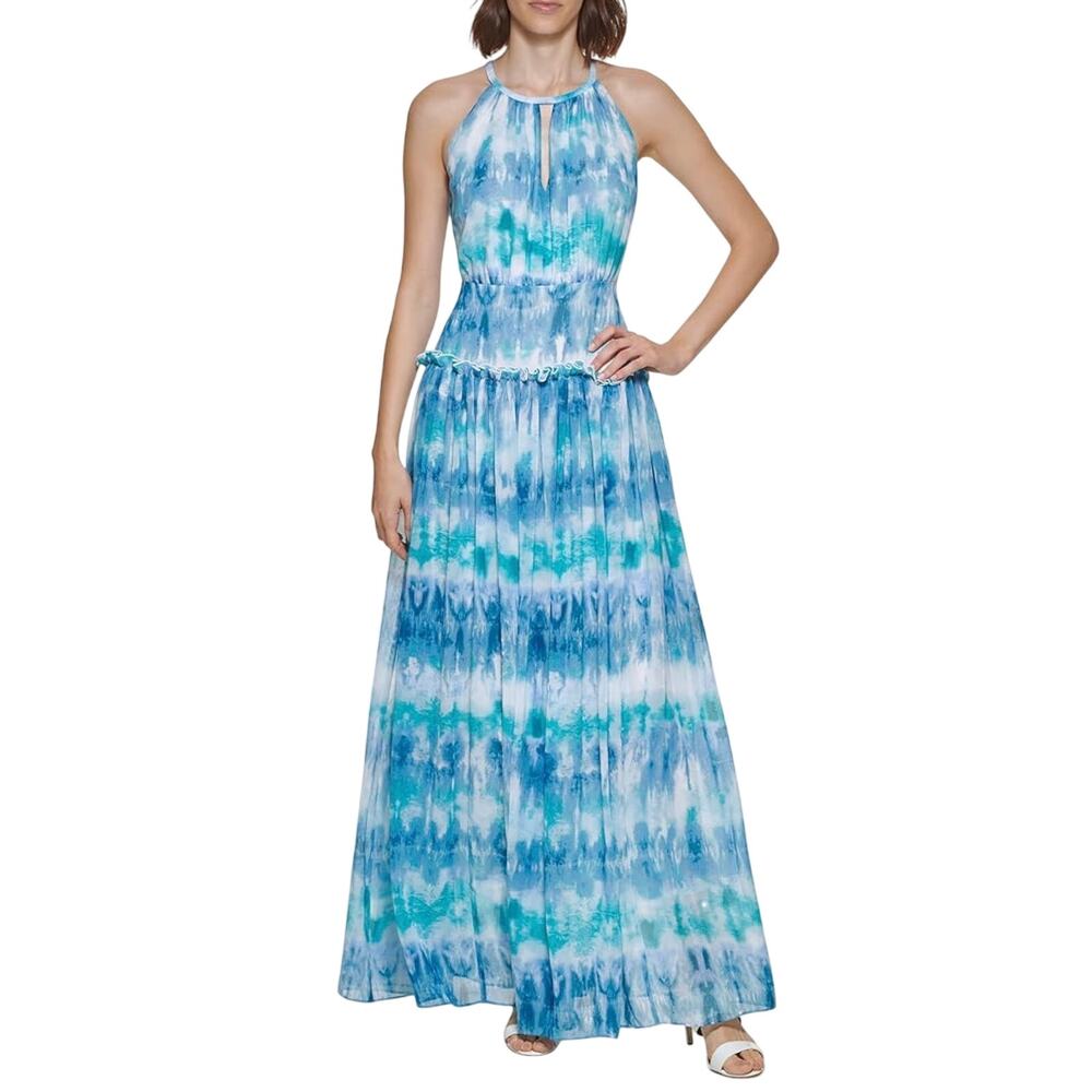 Calvin Klein Tie Dye Print Beaded Halter Neck Maxi Dress Blue Size 6 Gown